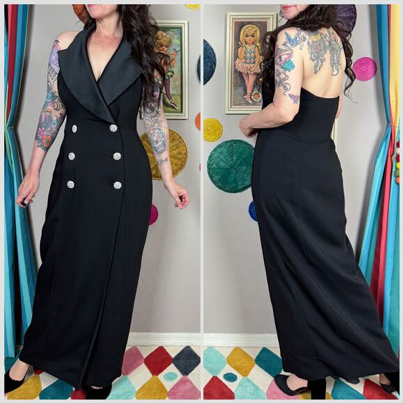 Vintage 1990s Black Sleeveless Double Breasted Blazer Halter Wrap Dress - Picture 4 of 7